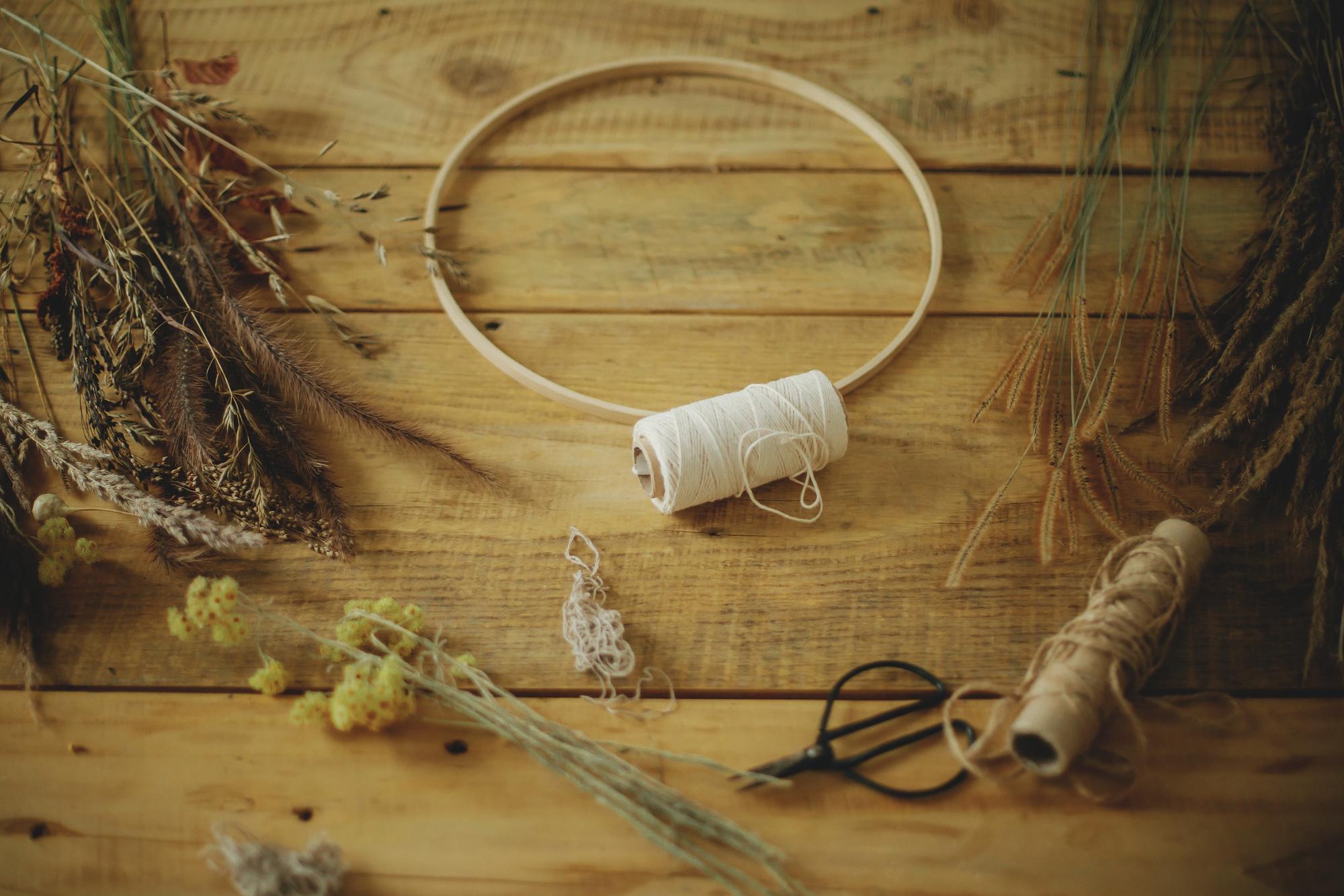 studio table with threads and hoops